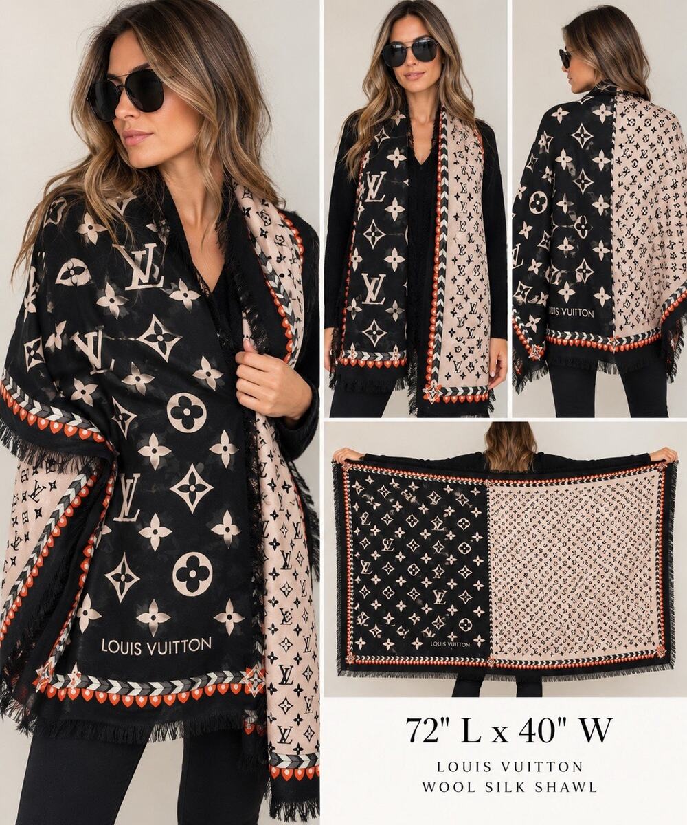 Louis Vuitton Monogram Wool Silk Shawl Scarf 72” x 40” Black Ivory Orange Fringe